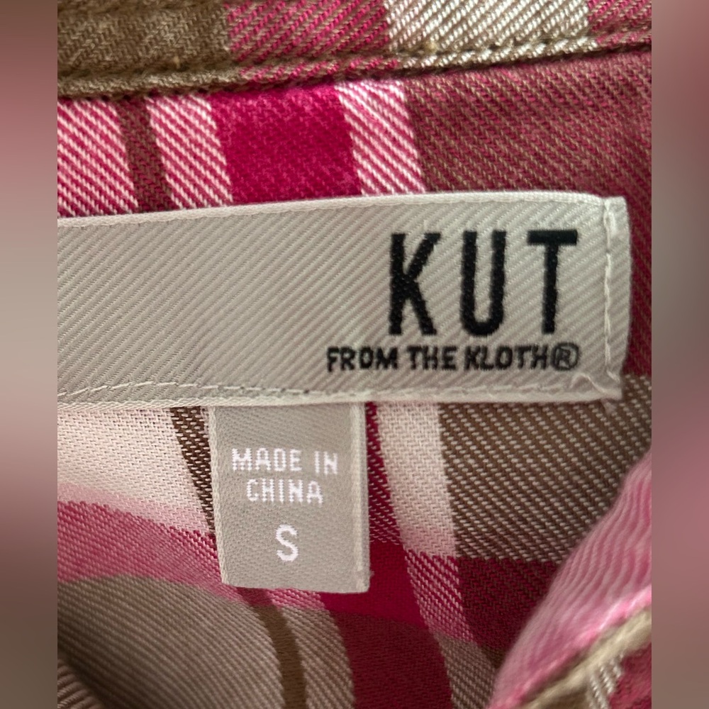 KUT From The Kloth Pink Brown Plaid Hannah Roll Tab Sleeve Button Shirt Size S - Picture 6 of 11